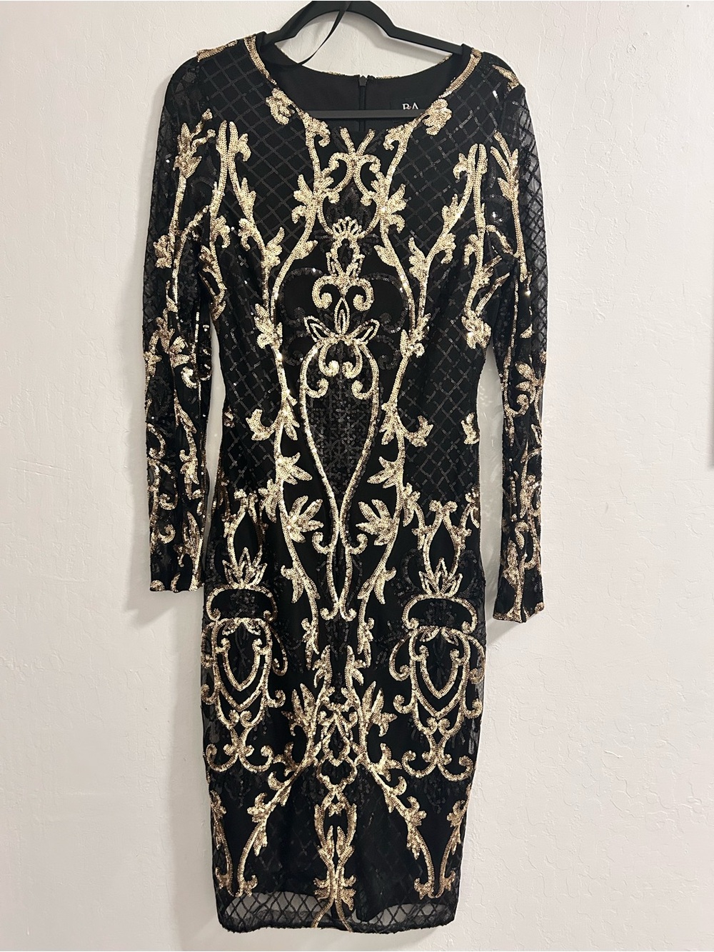 Betsy & Adam Black Dress with Gold Sequin Embroidery